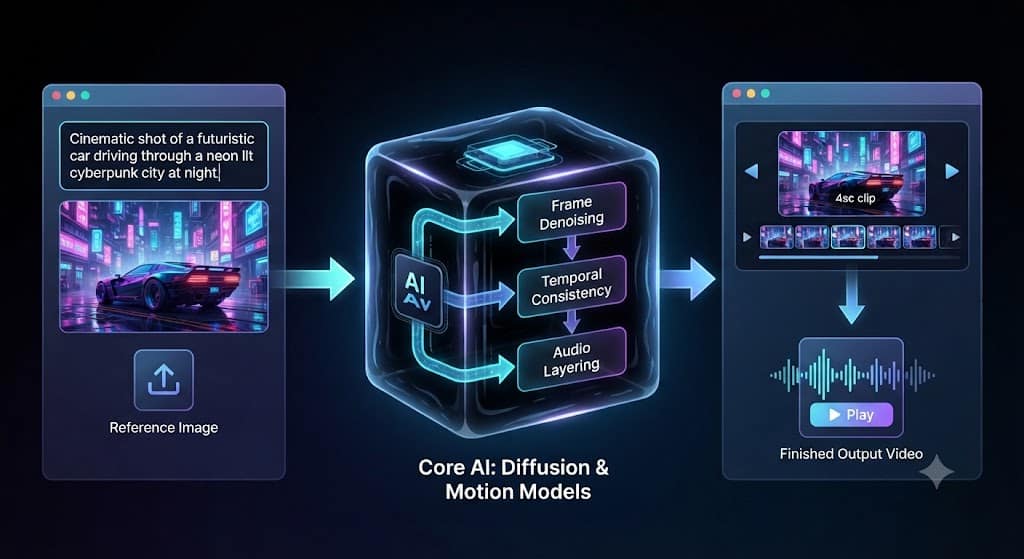 An infographic visualizing the AI video generation workflow. A text prompt and reference image are fed into a central, glowing AI 'Black Box' containing diffusion and motion models, which then outputs a finished video clip on a timeline with an audio waveform.