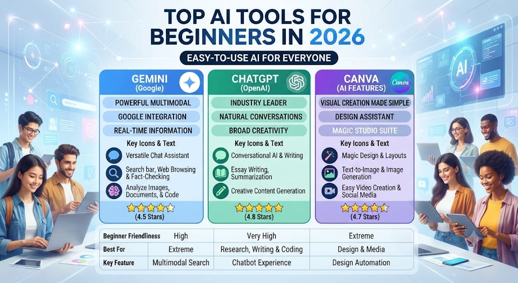 Comparison of top AI tools for beginners in 2026 including Gemini, ChatGPT, and Canva