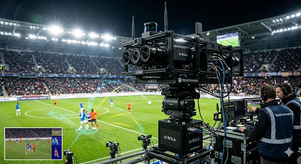 High-tech sports camera systems capturing live footage on field to map trajectories using AI Bola software