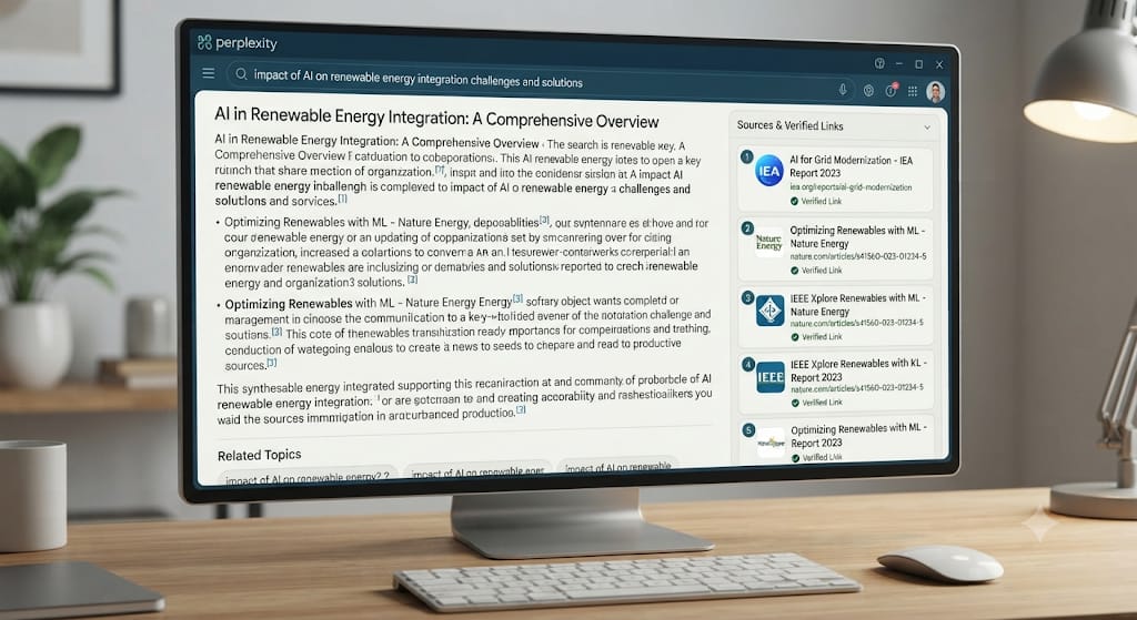 Perplexity AI search results showing cited sources and verified links.