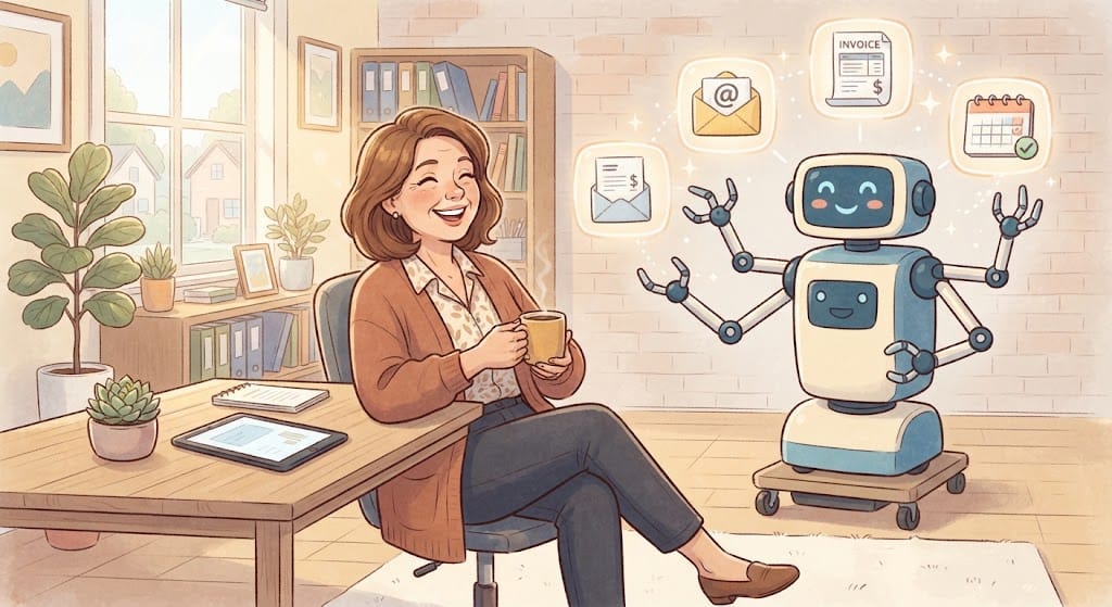 Small business owner using automation bots to handle emails, invoices, and scheduling