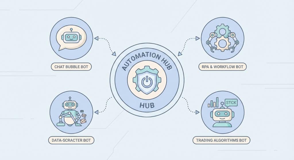 Infographic showing different types of automation bots including RPA, chatbots, and scraping bots