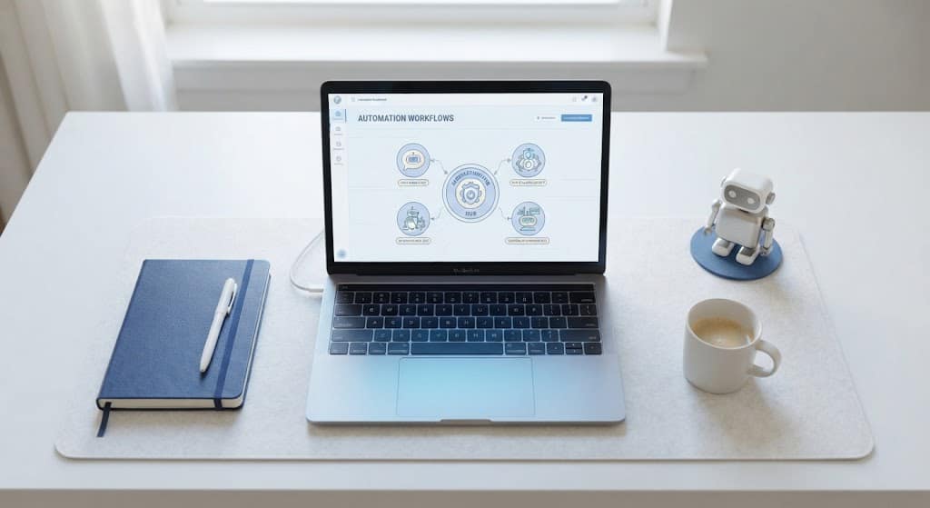 Automation bots dashboard shown on a laptop screen on an office desk