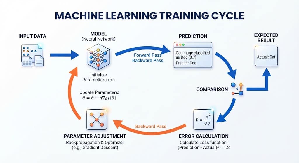 How machine learning training works through predictions errors and parameter adjustments