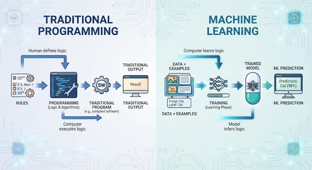Difference between traditional programming and machine learning approaches