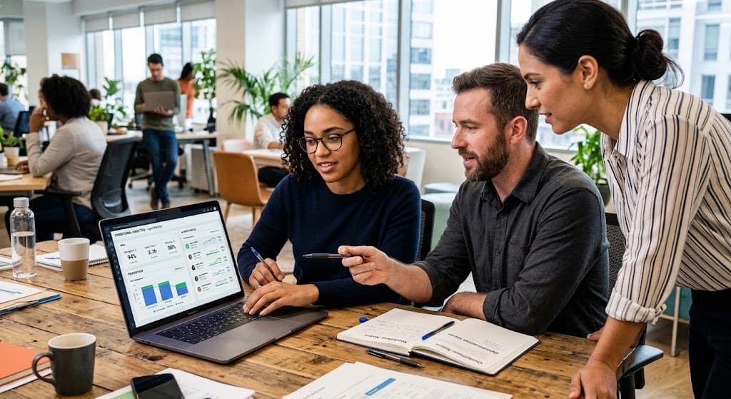 Business team reviewing a workflow automation dashboard on a laptop.