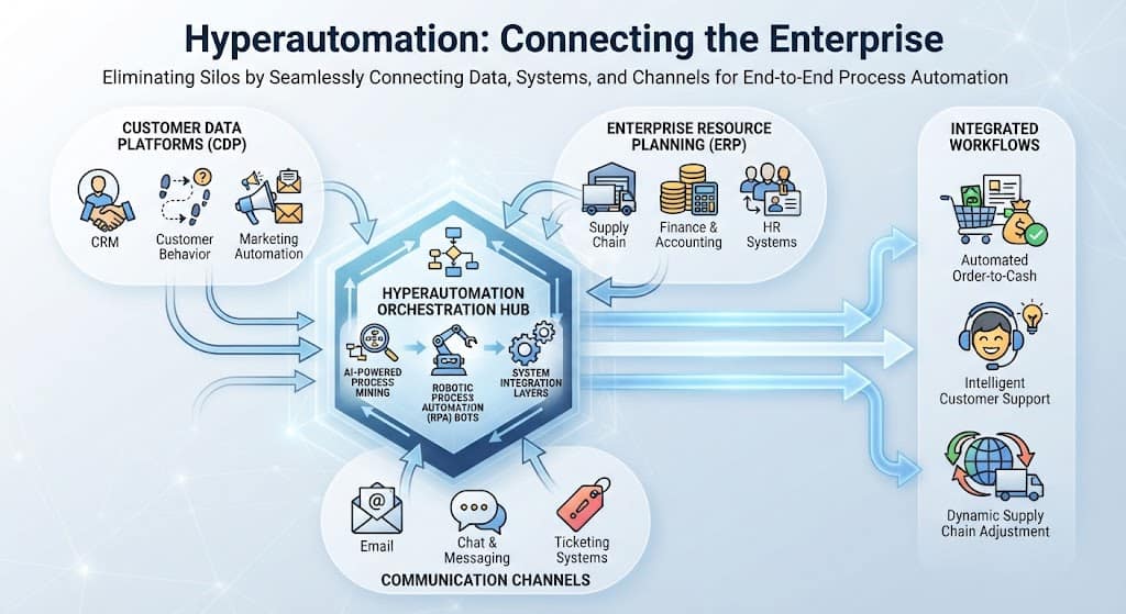 Diagram of a hyperautomation workflow connecting CRM, ERP, and communication tools.
