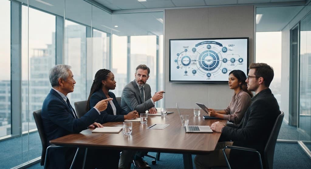 AI transformation is a problem of governance — leaders reviewing a framework in a boardroom