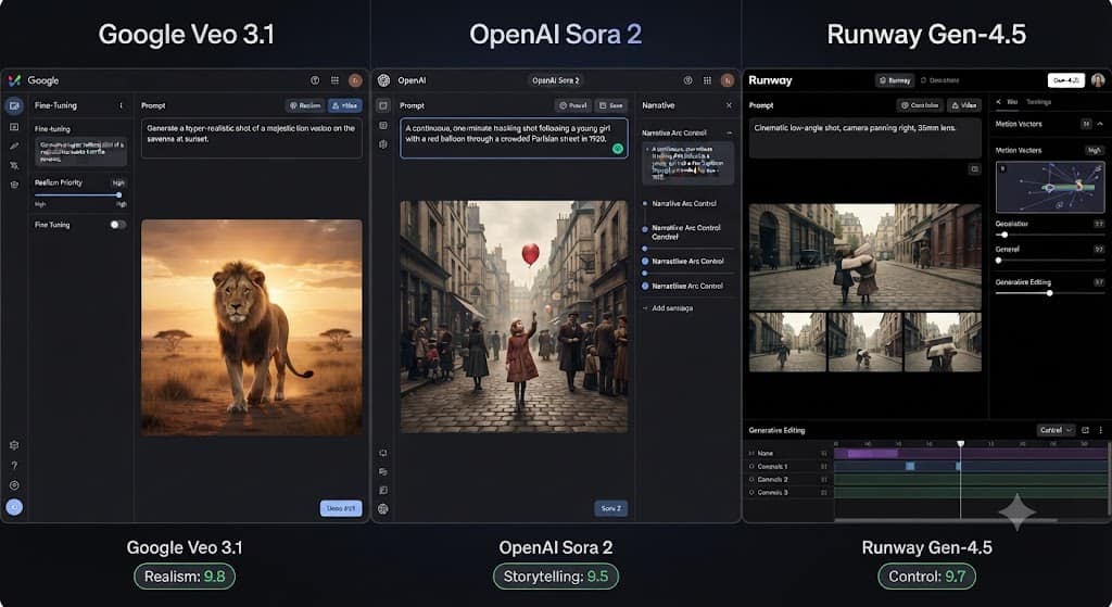 A software dashboard screenshot comparing three AI video generator interfaces. The left panel (Google Veo 3.1) shows a realistic lion prompt. The center panel (OpenAI Sora 2) shows a complex narrative scene. The right panel (Runway Gen-4.5) displays granular camera controls. Performance badges highlight the strengths of each tool.