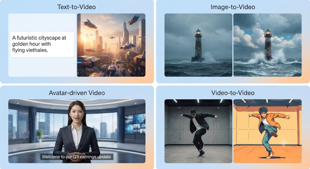 A conceptual collage of four squares illustrating AI video types. Top-Left: Text-to-video generation of a city. Top-Right: Image-to-video animation of a lighthouse. Bottom-Left: An AI avatar presenting news. Bottom-Right: Video-to-video style transfer on a dancer.