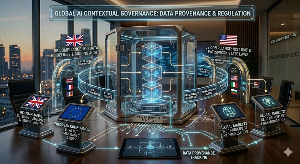 A professional setting visualizing data provenance and global AI regulation frameworks for UK, US, and European compliance.