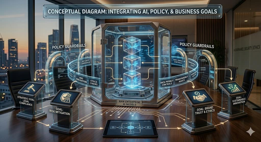 A conceptual diagram illustrating the connection between raw enterprise AI models, policy guardrails, and strategic business compliance goals.