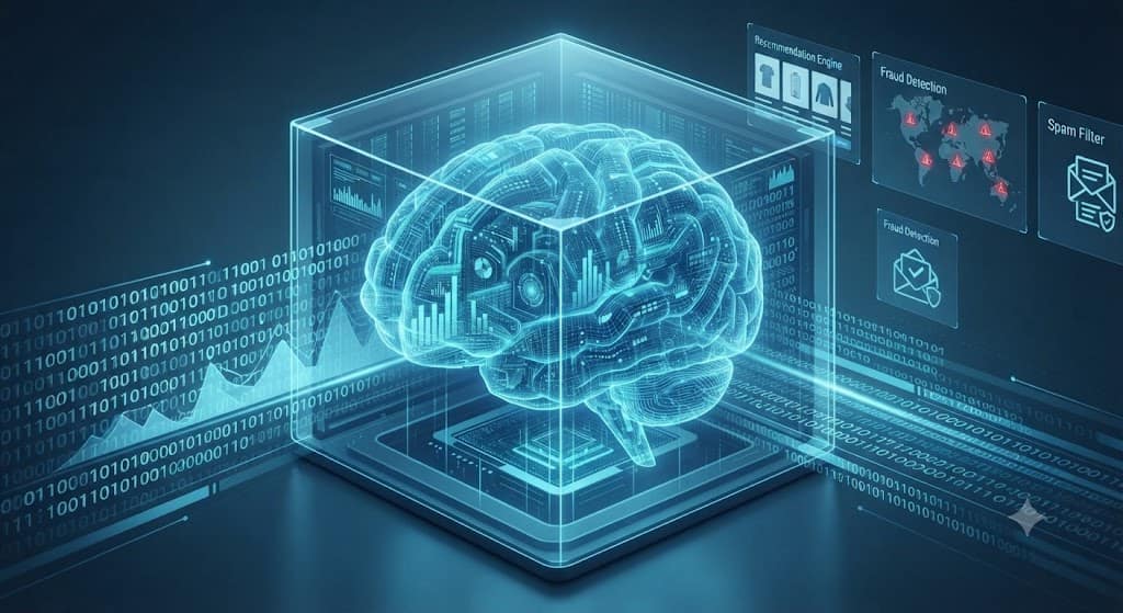 A technical illustration of a contained, glowing blue digital brain structure processing structured data streams and binary code. Holographic screens in the background display icons for 'Recommendation Engine,' 'Fraud Detection,' and 'Spam Filter,' emphasizing precision and specific task execution.