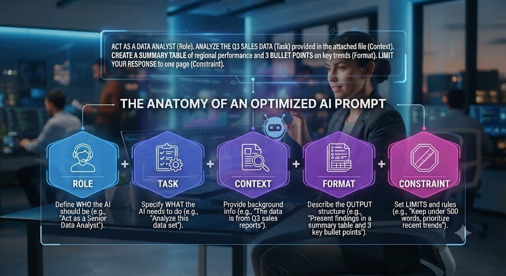 Infographic illustrating the 5-part prompt formula: Role, Task, Context, Format, and Constraint for writing effective AI prompts.