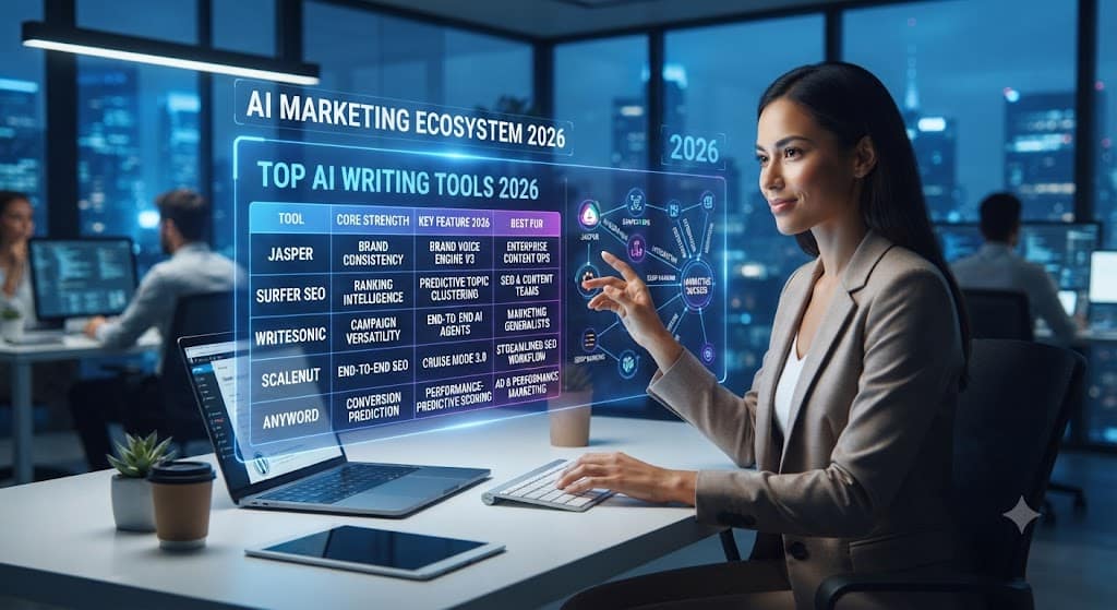 n infographic display in a modern office, showing a glowing blue holographic table. The table lists five leading AI writing tools