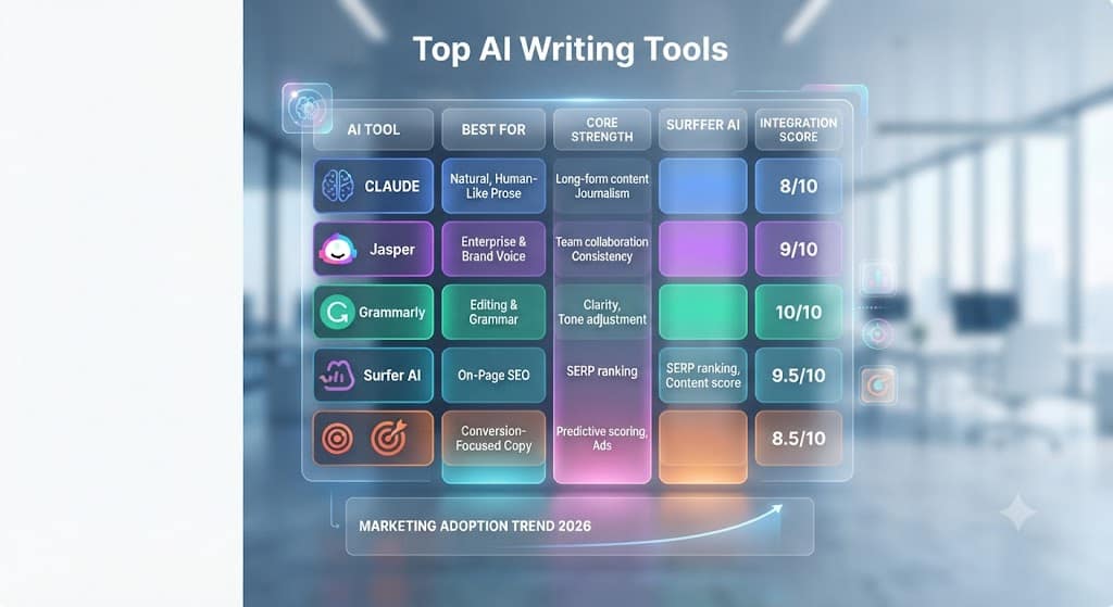 Comparison chart of best AI writing tools for SEO and marketing 2026