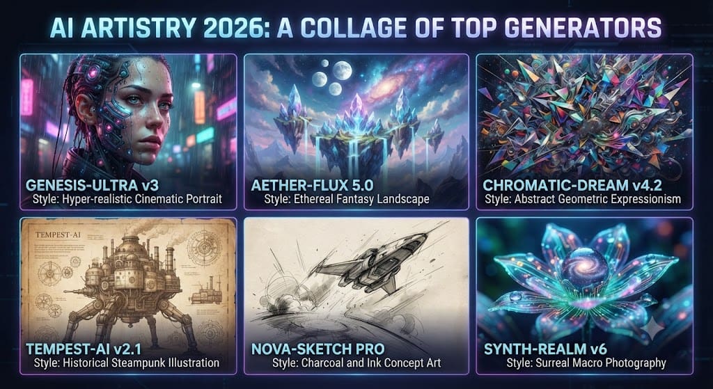 Collage of AI-generated artwork samples from top AI image generators in 2026