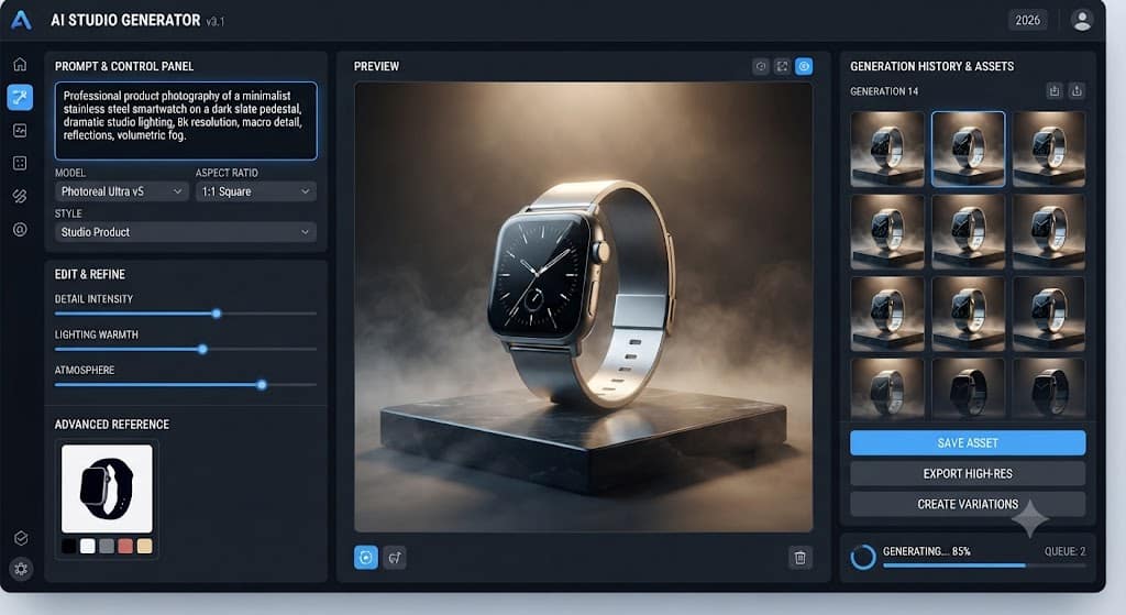 Screenshot-style illustration of an AI image generator interface generating a photorealistic product photo