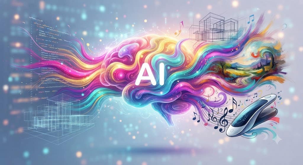 A conceptual illustration showing a luminous, fluid AI core radiating a vibrant spectrum of creative energy (magenta, gold, purple). This energy flows outward, transforming into diverse digital content, including 3D wireframes, abstract brushstrokes, musical notes, and product designs, illustrating the creation of new output.