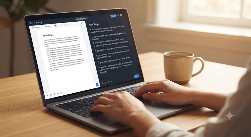 Person using an AI content generator tool on a laptop to write a blog post