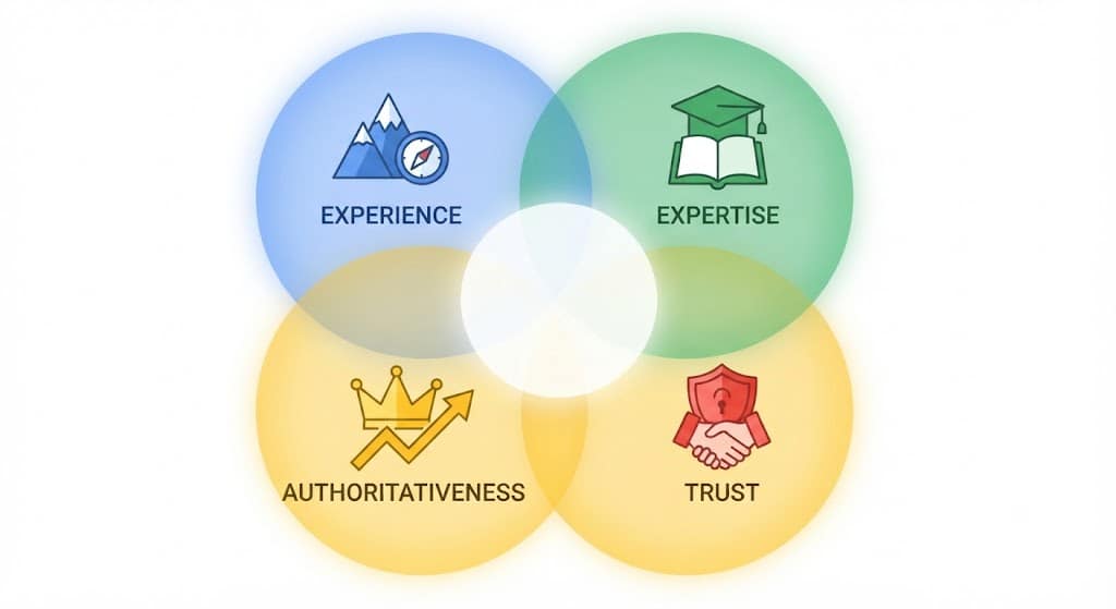 Diagram explaining Google E-E-A-T guidelines for AI-generated content and SEO