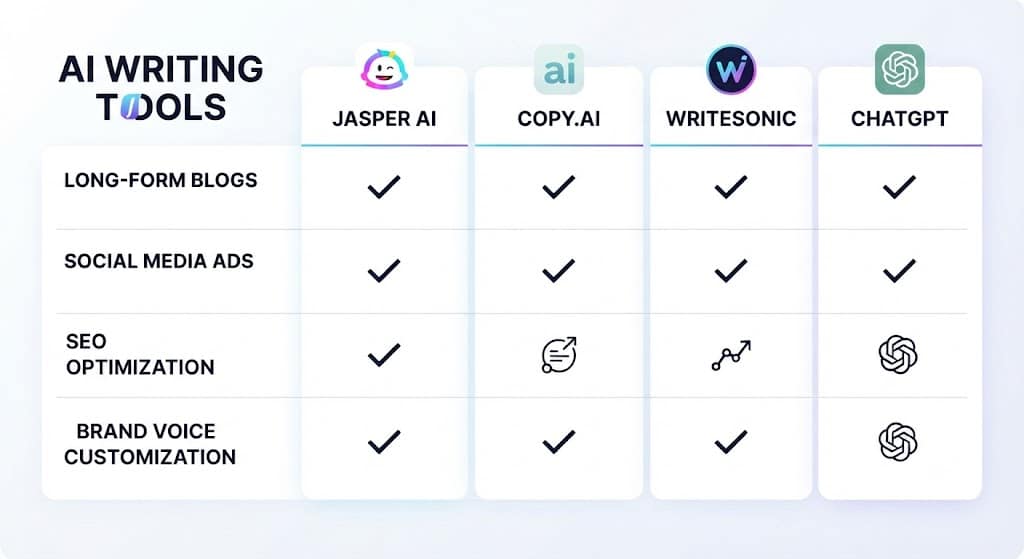 Comparison chart of top AI content generator tools including Jasper, Copy.ai and Writesonic