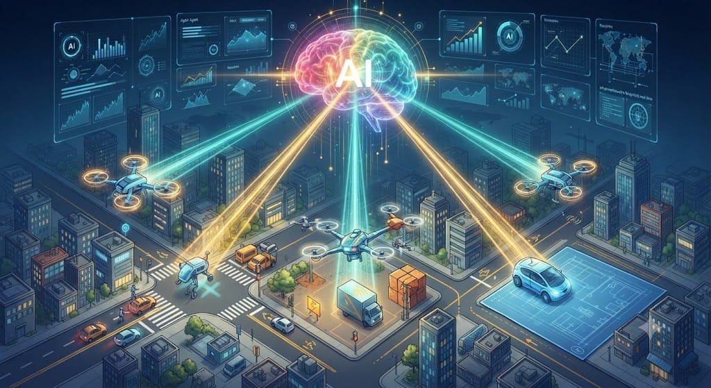 A high-angle conceptual illustration of a smart city landscape. The multi-colored AI core (as seen in image_3.png) acts as a distant command center, deploying focused golden energy beams that materialize into semi-autonomous drones and robots. These agents are shown actively coordinating traffic and managing logistics, illustrating multi-stage task execution.