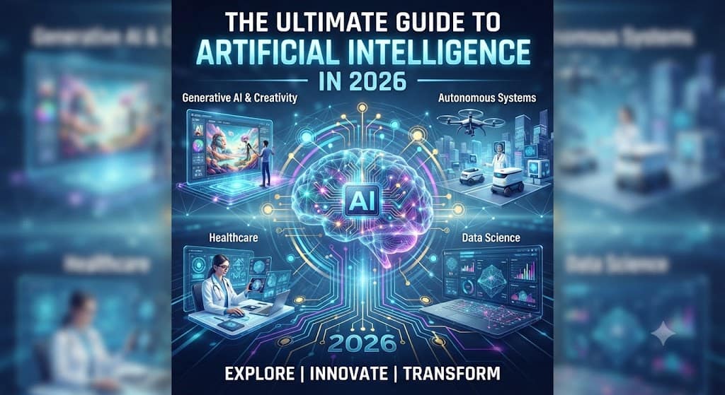 An illustrative cover graphic for "The Ultimate Guide to Artificial Intelligence in 2026," featuring a central glowing neural network brain connected to four quadrant illustrations representing key AI fields: Generative AI & Creativity, Autonomous Systems, Healthcare, and Data Science.