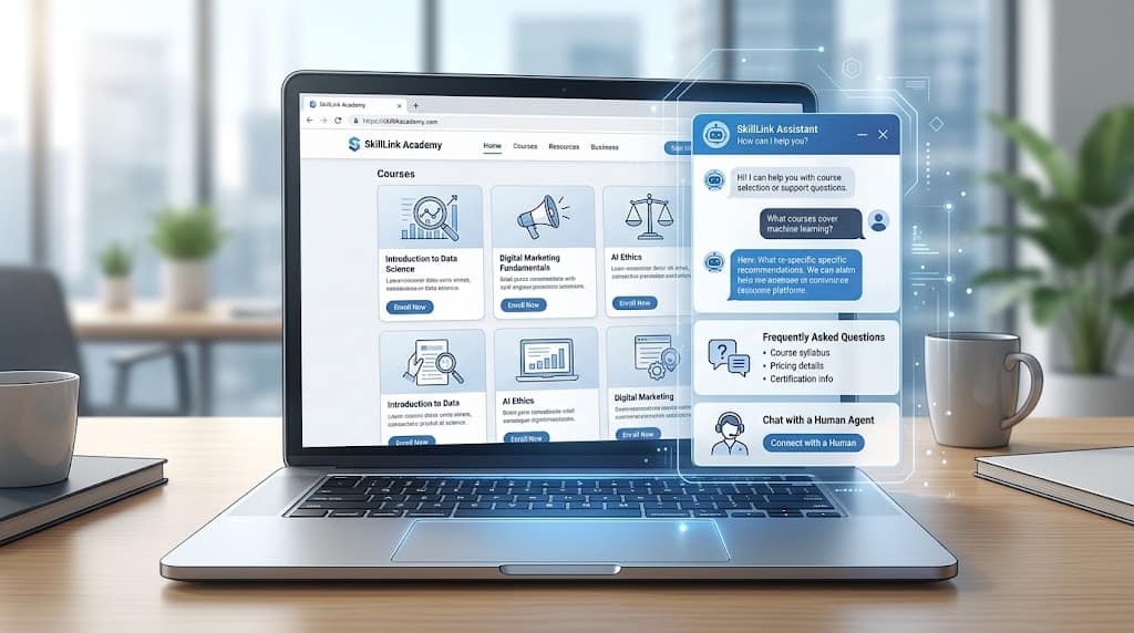 AI chatbot website support example with automated answers and human escalation