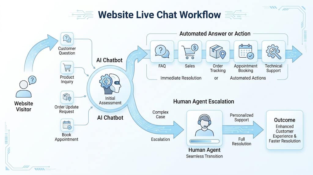 Live chat AI chatbot workflow from website visitor to human agent