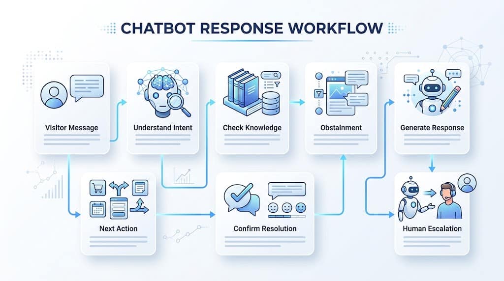 Chatbot response workflow from user intent to human escalation