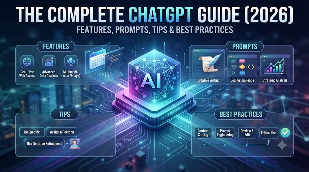 An infographic guide titled "The Complete ChatGPT Guide (2026)" featuring a central glowing AI chip surrounded by four distinct panels: "Features," "Prompts," "Tips," and "Best Practices," with sub-icons and text for each category.